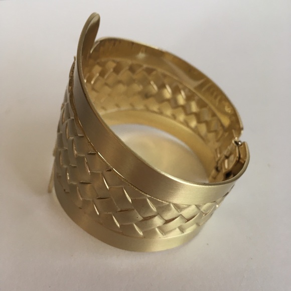 Brushed Gold Woven Pattern Angular Cuff Bracelet - Picture 4 of 8